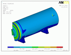 2005 - TANK 150 m3 - FEM model - Shell elements - Stress plot - Constant pressure - Nonlinear analysis - Pro/MECHANICA Wildfire 2.0 + Ansys 8.0 (Cosmos/M 2.85) - Saurus Poprad