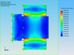 2005 - Crankshaft and rim - Shrink contact - Static analysis based on transient flow results - Stress plot 300 seconds - SolidWorks 2005 + CosmosFloWorks 2005 + CosmosWorks 2005